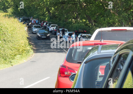 Finnich Glen, Killearn, Stirlingshire, Schottland, UK - 1. Juli 2018: Parkplatz Chaos und Touristen zu Fuß entlang der B 834 Straße in Stirlingshire Besuch der immer beliebter werdenden Finnich Glen. Die B 834 wurde kurz danach wegen gefährlich geparkten Autos auf beiden Seiten der Straße, wodurch der Durchfluß behindert wird geschlossen. Die 100 Fuß tiefe Schlucht zwischen Killearn und Drymen ist in der Popularität, da in Outlander erscheinen zu parken Drücke und Wurf Probleme Credit: Kay Roxby/Alamy Leben Nachrichten gewachsen Stockfoto