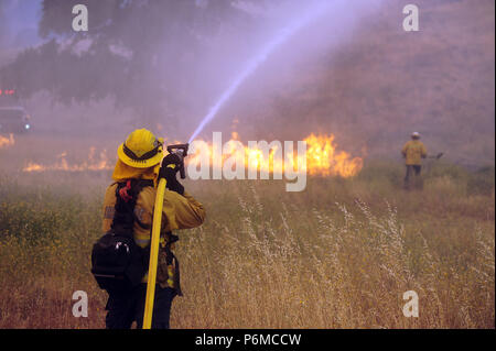 Clearlake Oaks, Kalifornien, USA. 1. Juli 2018. Feuerwehr arbeitete schnell aus den vielen vor Ort Brände entlang der Autobahn 20 gegenüber der Pawnee Brand in Lake County. Credit: Neal Gewässer/ZUMA Draht/Alamy leben Nachrichten Stockfoto