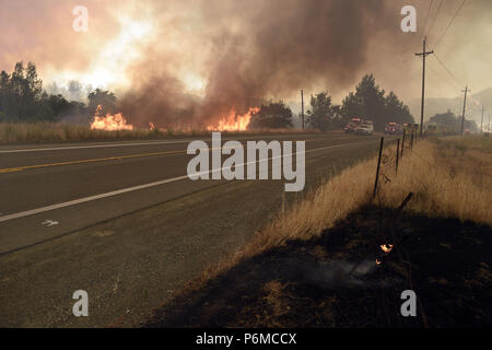 Clearlake Oaks, Kalifornien, USA. 1. Juli 2018. Feuerwehr arbeitete schnell aus den vielen vor Ort Brände entlang der Autobahn 20 gegenüber der Pawnee Brand in Lake County. Credit: Neal Gewässer/ZUMA Draht/Alamy leben Nachrichten Stockfoto