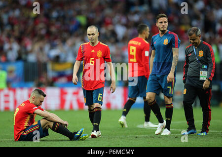 Moskau, Russische. 01. Juli, 2018. 01.07.2018. Moskau, Russland: VERZWEIFELTE SPANIEN AM ENDE DER FIFA WM Russland 2018, Achtel der abschließenden Fußballspiel zwischen Spanien VS RUSSLAND in Luzhniki Stadion in Moskau. Credit: Unabhängige Fotoagentur/Alamy leben Nachrichten Stockfoto