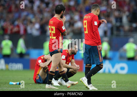 Moskau, Russische. 01. Juli, 2018. 01.07.2018. Moskau, Russland: VERZWEIFELTE SPANIEN AM ENDE DER FIFA WM Russland 2018, Achtel der abschließenden Fußballspiel zwischen Spanien VS RUSSLAND in Luzhniki Stadion in Moskau. Credit: Unabhängige Fotoagentur/Alamy leben Nachrichten Stockfoto