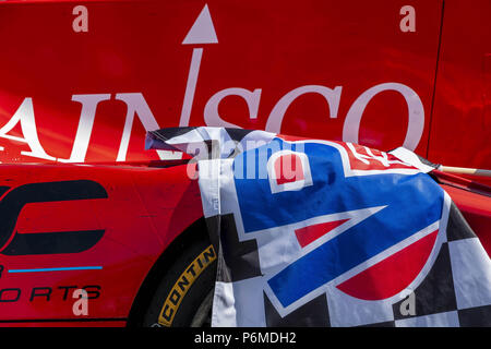 Watkins Glen, New York, USA. 1. Juli 2018. CHRIS MILLER von den Vereinigten Staaten, STEPHEN SIMPSON von Südafrika und MISHA GOLKBERG von Kanada, Feiern, nachdem sie sechs der Sahlen Stunden am Glen in Watkins Glen International Raceway in Watkins Glen, New York. Quelle: Walter G Arce Sr Asp Inc/ASP/ZUMA Draht/Alamy leben Nachrichten Stockfoto