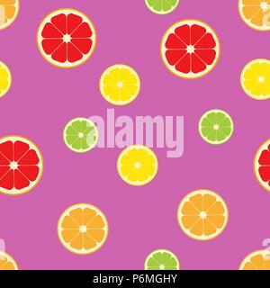 Nahtlose Muster Schicht Orangen, Zitronen, Limetten und Grapefruits. Vector Illustration. Essen Wallpaper von Zitrusfrüchten. Rosa Hintergrund. Stock Vektor