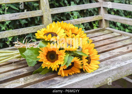 Strauß mit frischen Sonnenblumen auf einem alten Garten Bank. Stockfoto