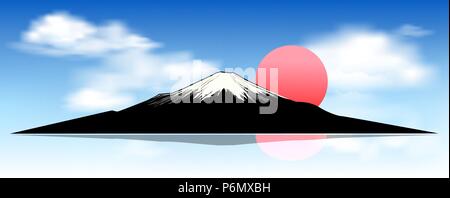 Silhouette des Mount Fuji im Morgengrauen. Landschaft, Mount Fuji. Mount Fuji vor einem blauen Himmel und weißen Wolken. Stock Vektor