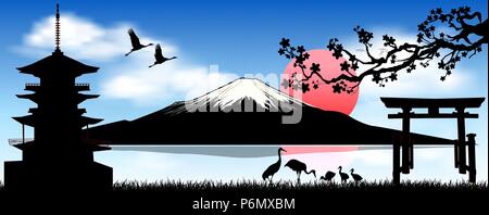 Silhouette des Mount Fuji im Morgengrauen. Landschaft, Mount Fuji. Mount Fuji vor einem blauen Himmel und weißen Wolken. Stock Vektor