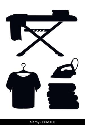 Schwarze Silhouette. Waschküche. Blau Bügelbrett, Bügeleisen, Stapel von Bettwäsche und gebügelt t-shirt. Flache Cartoon Illustration isoliert Stock Vektor