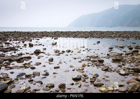 Die felsigen Strand in Lynton, North Devon, mit Reflektion und Ausblick Nord - Ost in Richtung Vorland. Stockfoto