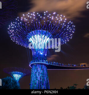 Singapur - May 22, 2018: Super Tree Grove Anlagenstrukturen im Garten durch die Bucht in Singapore Downtown nach Sonnenuntergang beleuchtet für eine Licht und Musik Stockfoto