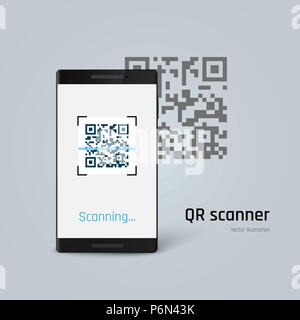 Mobiltelefon den QR-Code scannen. Vector Illustration auf blauem Hintergrund isoliert Stock Vektor