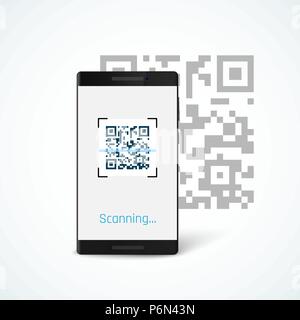 Telefon mit App QR-Code Scan auf dem Bildschirm. Vector Illustration auf weißem Hintergrund Stock Vektor