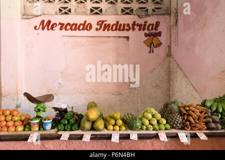 Obst und Gemüse für den Verkauf durch private Anbieter im Mercado Industrie in Cienfuegos, Kuba. Stockfoto