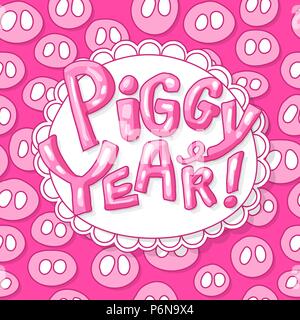 Nettes Schwein Rüssel in rosa Farbe mit ein Frohes Neues Jahr 2019 Schriftzug. Isolierte Schweinen Astrologie Symbol mit gemusterten Buchstaben. Verwenden Sie zum Laserschneiden und Chr Stock Vektor