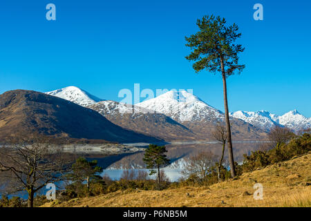 Eine sgùrr Fhuarain, Sgùrr Mòr Garbh, Cìoch Mhòr und Sgùrr na Ciche über Loch (Loch Quoich Chuaich), Glen Garry, Hochland, Schottland, Großbritannien Stockfoto