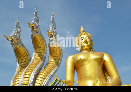 Thai Dragon, König von Naga Statue mit drei Köpfen und Big Buddha in Thailand. Stockfoto