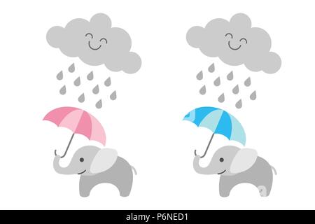 Cute Baby Elefant unter regnerischen Cloud-girl und boy Stock Vektor