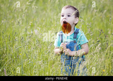 Baby Boy mit einem Lutscher auf seinen Zauberstab in der Hand wandern entlang der Gras in einem Park in der Natur Stockfoto