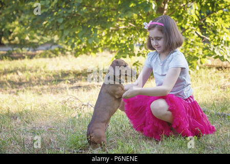 Ein kleines Mädchen streichelte ihr Liebling jagdhund von einem Dackel, Wurst auf ihre Beine Stockfoto