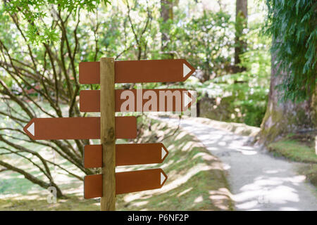 Holz- anschluss Zeiger in den Wäldern. Zeiger auf einem Pfad in den Wald. Sao Miguel, Azoren. Portugal. Stockfoto