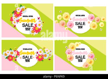 Abstrakte Blume Sommer Verkauf Hintergrund mit Rahmen und Blumen Sammlung eingestellt. Vector Illustration Stock Vektor
