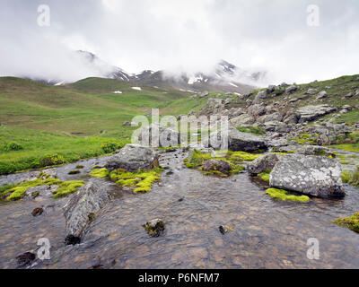 Bergbach und schneebedeckten Gipfel in der Nähe von Col de Vars in der Haute Provence Stockfoto