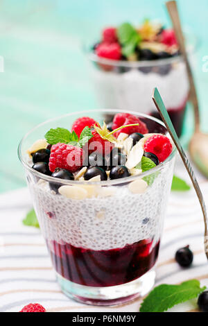 Detox und gesunden superfoods Frühstück in der Schüssel. Vegan Mandelmilch Chia Samen Pudding mit Himbeeren, Brombeeren und Minze. Stockfoto