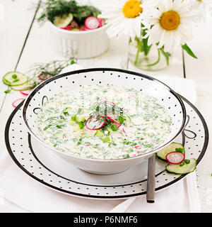 Kalte Suppe mit frischen Gurken, Radieschen mit Joghurt in der Schüssel auf Holz- Hintergrund. Traditionelle russische Speisen - okroshka. Vegetarische Mahlzeit. Stockfoto