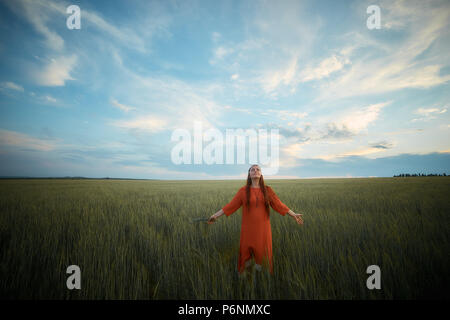 Kaukasische rothaarige Frau in einem roten Kleid auf einem Bauernhof Feld mit Weizen bei Sonnenuntergang im Sommer. Die künftigen organischen Anbau Stockfoto