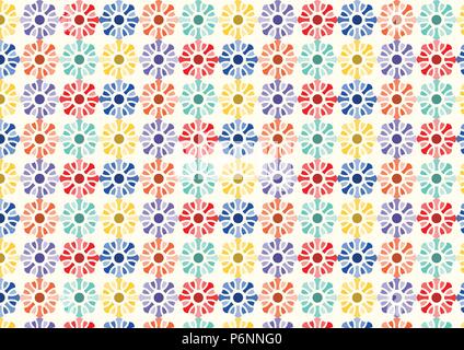 Bunte Blüten Muster auf gelben Hintergrund. Süßes Vintage Blüte Musterdesign Stil Design bestehen aus rot, blau, gelb, Orange, grün Stock Vektor