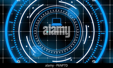 Ein high-tech 3d-Abbildung: ein Computer mit einem Netzwerk überprüfung Datenbank im Zentrum von mehreren Spinnen um helle blaue Kreis abgedeckt Stockfoto