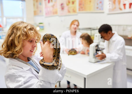 Junge in Biologie Klasse hält eine Schlange in Primary school Lab Stockfoto