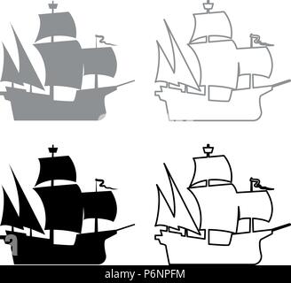 Mittelalterliche Schiff Icon Set Grau Schwarz Farbe ich Flat Style simple Image Stock Vektor