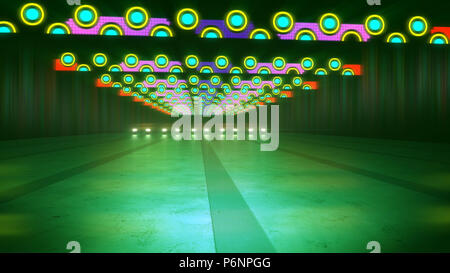 Ein arty 3d-Abbildung von Celeste neon Spots in Gelb und Rot und Violett Streifen einer U-Bahn in den dunkelgrünen Hintergrund. Die Stockfoto