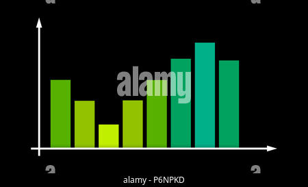 Eine atemberaubende 3-D-Abbildung eines Business Balkendiagramm mit grünen und gelben Linien nach oben und unten in einem System von Achsen mit spitzen Pfeilen und in Stockfoto