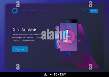 Futuristische High-Tech-mobile Technologie Konzept. Markt Trend Analyse auf dem Smartphone mit Kreisdiagramm. Hand hält. Design Infografik, Statistiken über Stock Vektor