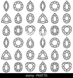 Monochrome nahtlose Muster mit Edelsteinen, Mineralien Kristalle, Natursteine mit schwarzer Kontur Linien auf weißem Hintergrund. Vector Illustration Stock Vektor