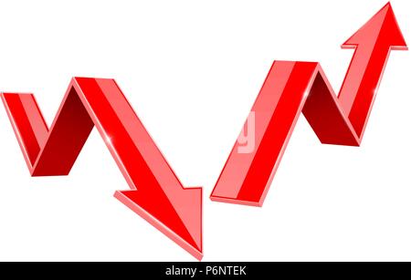 Rote Anzeige Pfeile. Nach Oben und Unten 3D-Schilder, Statistik finanzielle Grafik Stock Vektor