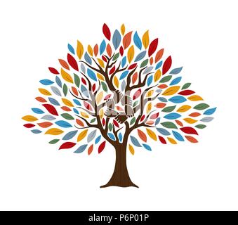 Baum mit menschlichen Händen zusammen. Community Team Konzeption Illustration für die Kultur der Vielfalt, Natur- oder Teamarbeit Projekt. EPS 10 Vektor. Stock Vektor