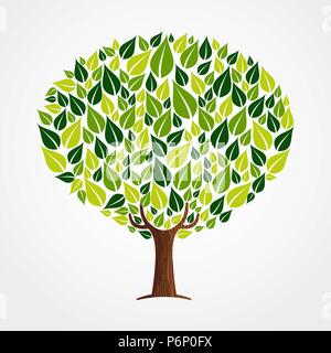 Baum aus grünen Blättern mit Zweigen und Wurzeln. Natur, Umwelt helfen oder Erde kümmern. EPS 10 Vektor. Stock Vektor