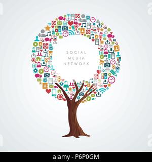 Baum mit Social Media App Icons. Konzept Abbildung über Netzwerk Kommunikation, Internet Projekt oder On-line-Geschäft. EPS 10 Vektor. Stock Vektor