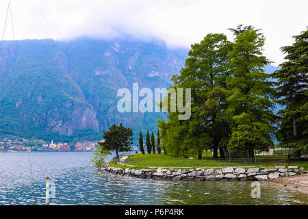 Grüne Bäume in der Nähe Comer see in Mandello del Lario und Alpen Berg in Wolken. Stockfoto