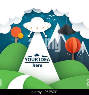 Cartoon Papier Landschaft. UFO Abbildung. Stock Vektor