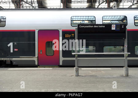 Der TGV (Hochgeschwindigkeitszug) von der SNCF betrieben. Gare de Lyon. Paris. Frankreich. Stockfoto