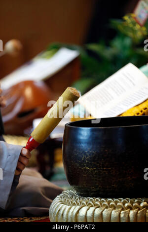 Chua Tu einen buddhistischen Tempel. Mönch im buddhistischen Zeremonie. Klangschale. Saint-Pierre en Faucigny. Frankreich. Stockfoto