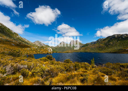 Blick über Dove Lake zu Cradle Mountain. Stockfoto