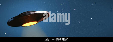 UFO, außerirdisches Raumschiff mit Lichtstrahl im Nachthimmel, fliegende Untertasse mit Blue Star Hintergrund (3d-Grafik Banner) Stockfoto