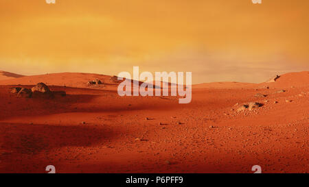 Landschaft auf dem Planeten Mars, malerischen Wüste Szene auf dem Roten Planeten (3d-Abbildung) Stockfoto