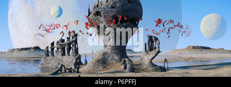 Exoplanet Landschaft, Fliegenden Roten alien Kreaturen Schärmen um geheimnisvollen Felsformationen (3d-Grafik Banner) Stockfoto