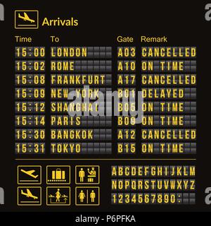 Vektor Flughafen board isoliert. Realistische flip Anzeigetafel Flughafen Vorlage. Schwarz 3d-Flughafen Brett mit Buchstaben und Zahlen. Analoge Flughafen Vorstand Schrift Stock Vektor