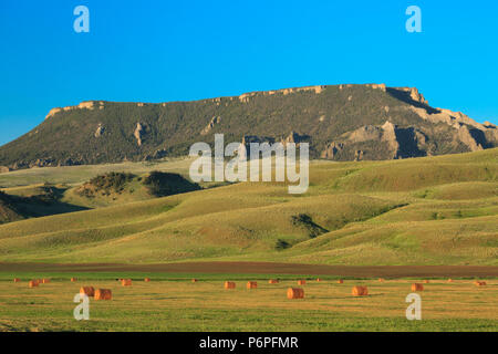 Runde Heuballen unter Square in der Nähe von Geraldine Butte, Montana Stockfoto